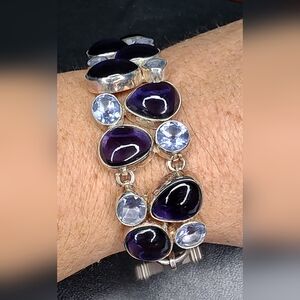 Handcrafted natural Amethyst Cobachon & Tanzanite sterling silver chain bracelet